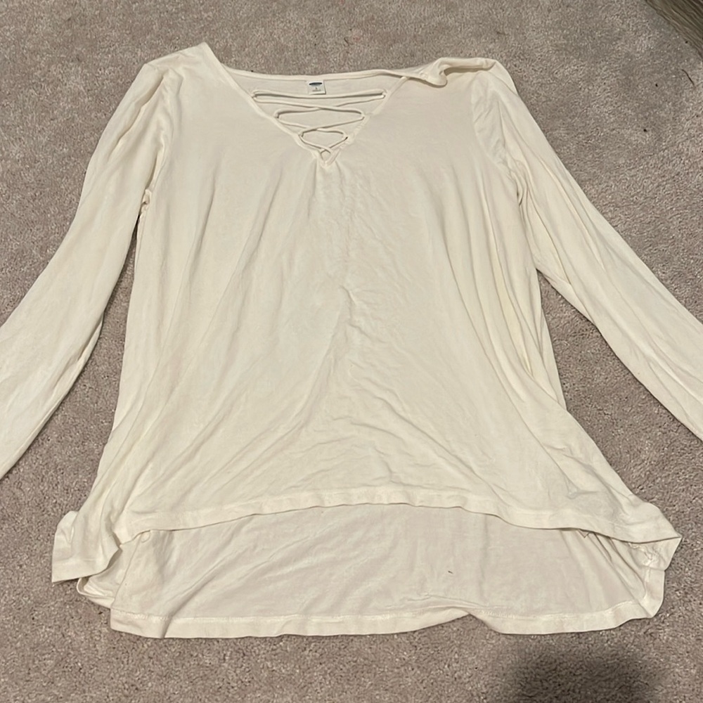 Old Navy white long sleeve blouse T-shirt with cross cross cutout on bodice L